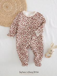 Cozy Pixies Newborn Baby Leopard Print Knitted Soft Crew Neck Long Sleeve Romper Outfit - Multicolor - View 3