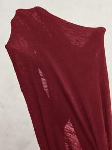 SHEIN CURVE+ 大码女式夏季纯色不对称领短袖口袋休闲连体短裤夏季/乡村/海滩度假装/沙滩装/沙滩装 - 酒紅色 - 查看 9