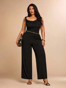 SHEIN BAE Damen Große Größen Eleganter High Street Resort Strickanzug, Schwarz, Sommer, Zweiteiler für Frauen, 2-teiliges Set für Frauen, Urlaubsoutfits für Frauen, Strandoutfits für Frauen, Damenkleidung in Große Größen, Ausgeh-Oberteile für Frauen