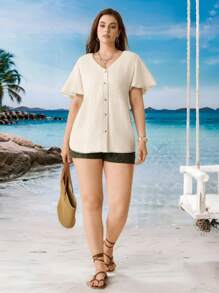 SHEIN LUNE Plus Size Summer Women's Cozy Fit Apricot Slouchy Casual Style Renaissance Fair Puff Sleeve Boho Blouse Relaxed Bohemian Blouse, Summer Short Sleeve Simple Casual Everyday Blouse Casual Vacation Mother's Day Gift Mama Mother Day Boho Blouse - Apricot - View 10