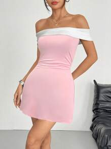 SHEIN EZwear 女士露肩浅粉色休闲短款连衣裙，夏季 - 淺粉色 - 查看 6