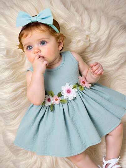 SHEIN فستان قطني خضراء الألوان مطرز بالزهور مناسب للرضع، قطني قابل للتنفس بدون أكمام ، أنيق وملائم للراحة ومناسب للنزهات والحفلات والتصوير الفوتوغرافي والمدرسة، مقاسات من 1 إلى 9 أشهر