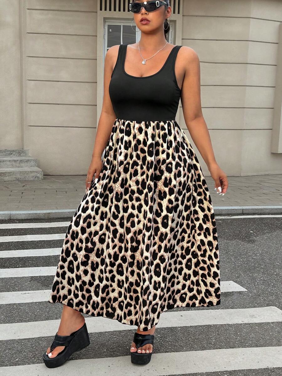 SHEIN EZwear Plus Size Leopard Print Patchwork Ruched Dress, Casual Beach Wear, For Summer - Black - View 1