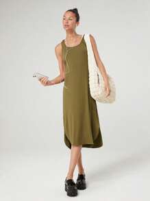 GLOWMODE 女士純色簡約無袖運動休閒連衣裙 - 橄欖綠 - 查看 1