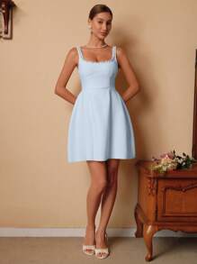 SHEIN Unity 优雅女士无袖水晶装饰白色紧身连衣裙，高腰修身鸡尾酒会迷你连衣裙，春季、夏季、节日、假日的奢华时尚 - 淺藍色 - 查看 7