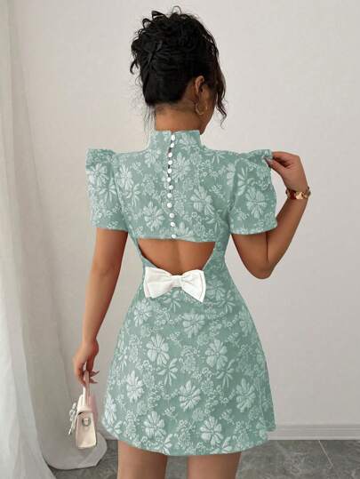 Selianne Women's Vintage Red Textured Fabric Puff Sleeve Elegant High Neck Backless Bow Contrast Color Cutout Waist Design Slim Fit Mini Dress, Summer