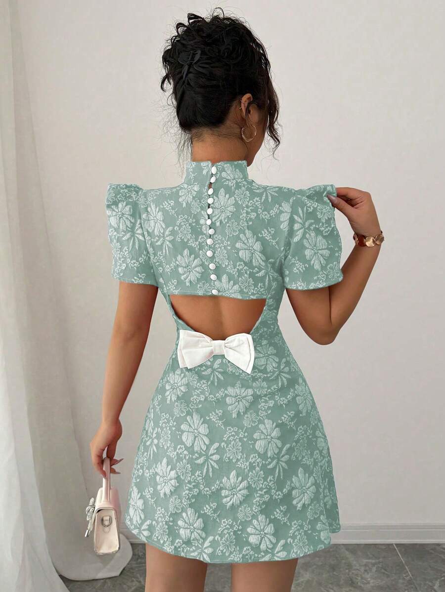 Selianne 女式复古红色纹理面料泡泡袖优雅高领露背蝴蝶结撞色镂空腰部设计修身迷你连衣裙，夏季 - 薄荷綠 - 查看 1