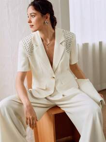 Arave Blazer informal de manga corta con escote en V y cuentas hecho a mano de alta calidad y elegante para mujer en color beige