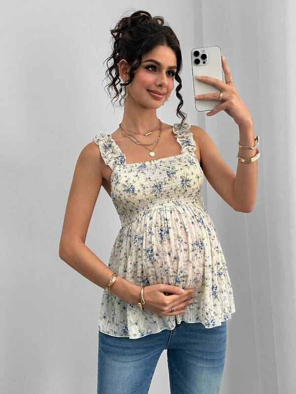 Momance Maternity Ruffle Edge Wide Strap Front & Back Gathered A-Line Sleeveless Camisole