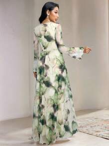 Veilorie Vestido con mangas abullonadas de estampado de tie-dye elegante para mujer