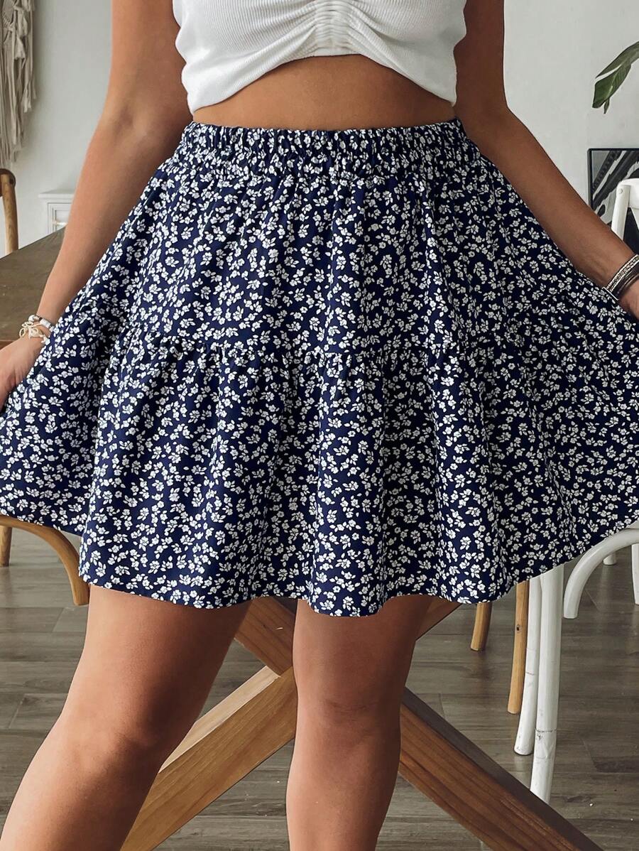 SHEIN VCAY Plus Size Ditsy Floral Casual Skirt - Multicolor - View 1