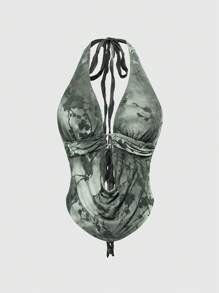 ROMWE Fairycore 性感深V领露背扎染植物印花植绒女式上衣