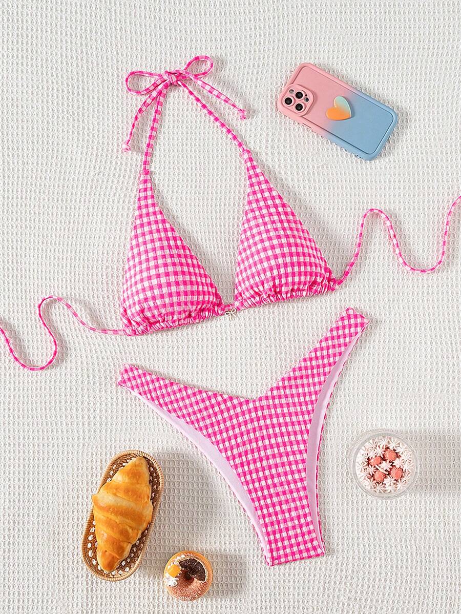 SHEIN Swim 2pcs Women's Printed Halter Pink Bikini Set, Textured Material, For Vacation For Summer - Pink - View 1