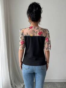 Elenzga Women's Fashion Mesh Embroidered Patchwork Ruffle Trim Short Sleeve T-Shirt - Black - View 2