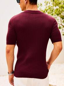 Manfinity Homme Camiseta de punto de manga corta casual para hombres con cordones y estampado de letras - Burdeos - Ver 2