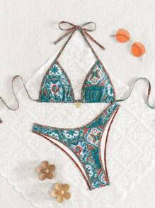 Swim Vcay 女士夏季度假装 2 件套 露背随机花卉印花上衣和高腰复古比基尼泳裤