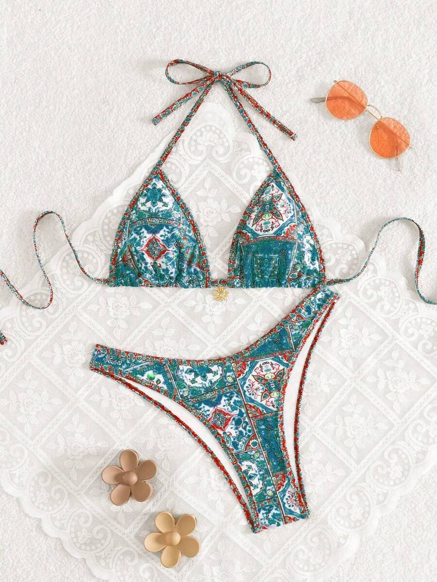 Swim Vcay 女士夏季度假装 2 件套 露背随机花卉印花上衣和高腰复古比基尼泳裤