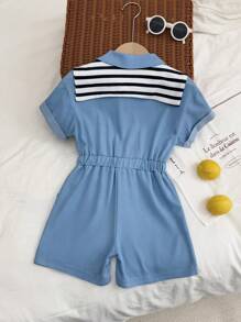 年轻女孩蓝色高腰时尚可爱领短袖连体衣配黑白斗篷，春夏 - 藍色 - 查看 2