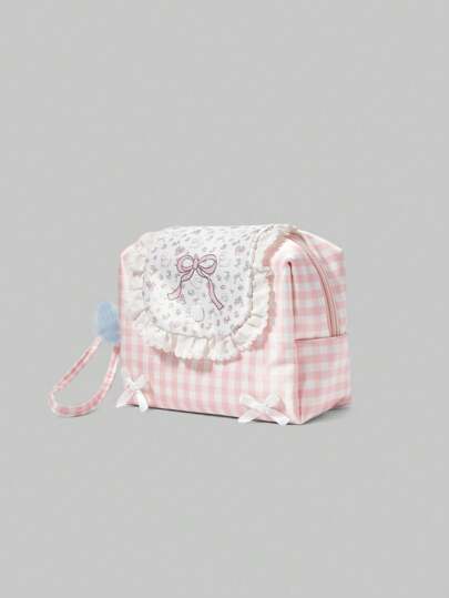 Kawaii Lovely Pink Plaid Bow Pattern Large Capacity Portable Makeup Storage Bag