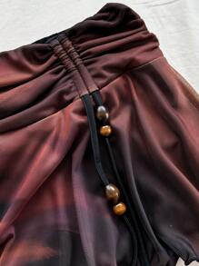 Soleia 女式复古扎染前镂空抽绳褶饰露背吊带背心和不对称荷叶边抽绳下摆迷你裙套装，适合派对、约会、下午茶、海滩、音乐节、狂欢节海滩装