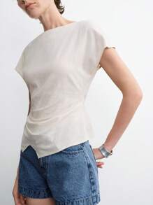 Aalyst Women's Elegant, Fashionable, Comfortable, Charming, Retro, Minimalist, High-End Short Sleeve Round Neck Waist Cinched Solid Color Casual Blouse