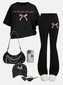 SHEIN Leap Crew Tween Girl 休闲蝴蝶印花短袖上衣和裤子 2 件套，夏季 - 黑色 - 查看 2