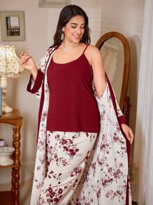 CottageSlumber Floral Print Ruffle Plus Size Robe, Camisole Top And Pants Pajama Set Holiday Season, Outfits  Cozy And Elegant Details, Fall Winter Clothes - Multicolor - View 7