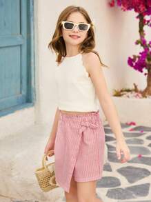 Girls Classic Red & White Striped Bow Decor Asymmetrical Hem Skirt Shorts, Simple Vacation Style, Suitable For Summer Daily Outings