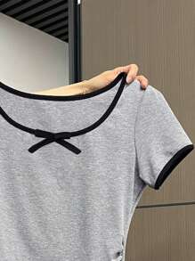 SHEIN Women Ruched Side Short Sleeve T-Shirt With Bow, Fitted Style, Summer - Grey - View 4