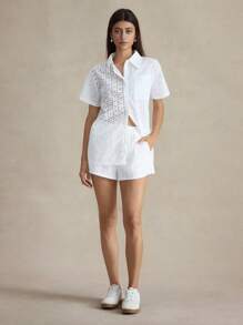 Briarwyn White Summer Chic Classy Vacation Women Embroidered Shorts,Solid Color Woven Relaxed Boho Beach Club Hawaii Rave Festival Graduation Shorts - White - View 1