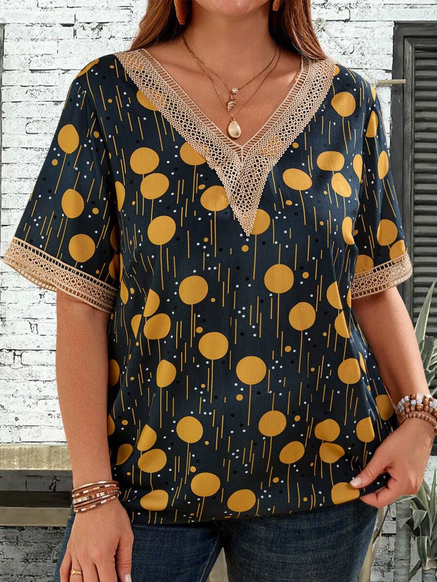 EMERY ROSE 大码几何印花短袖衬衫 夏季度假 适度 - 黑色 - 查看 1