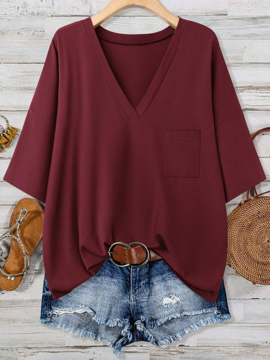 SHEIN LUNE Plus Size Women Saint Patrick's Day Pocket T-Shirt, Spring Break Boho Rave Festival Spring Break Old Money Style Rave - Burgundy - View 1