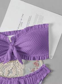 Swim Mod Women's Summer Beach Solid Color Ruffled Front Tie Sexy Bandeau Bikini Set - Purple - View 3