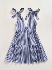 Comfortcana Váy mini tay bồng buộc dây kẻ caro dệt mùa hè - Màu xanh hải quân - Xem 2