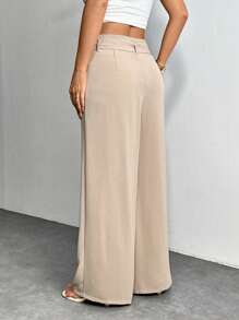 SHEIN PETITE Pantalones de lino con cordón en la cintura de unicolor, estilo "old money", para uso diario, playa y vacaciones. Pantalones de lino para mujer, ropa de mujer para otoño - Caqui - Ver 2
