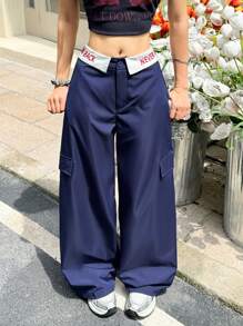 K-Vae 女款夏季深蓝色字母印花腰部褶皱工装阔腿裤，街头学院风长裤 - 彩色 - 查看 5