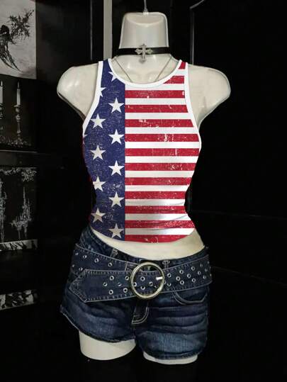 Attitoon Casual Retro Style Color Block American Flag Print Fitted Women Tank Top, Suitable For Summer, Independence Day,4th Of July American Flag Crop Top American Flag Tank Top 4th Of July Crop Top Usa Tank Top American Flag Clothes Women Back To School