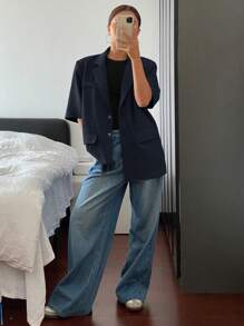 DAZY 女士短袖休闲纯色前开襟纽扣口袋西装外套，秋季商务装 - 藏蓝色 - 查看 5