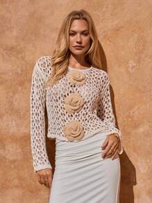 SHEIN Clasi Women's 3D Floral Hollow Knitted Top - Apricot - View 4