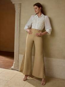 MOTF PREMIUM 女士优雅通勤蕾丝拼布喇叭腿休闲裤 - 卡其色 - 查看 5