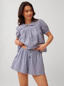 WESTFADE Summer Cotton Gingham Checkered Plaid & Lace Elasticized Waist Relaxed A-Line Ruffle Hem Cute Cowgirl Shorts Spring Beach Vacation - Royal Blue - View 7