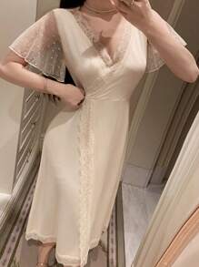 DAZY 针织拼布波尔卡圆点网眼女士家居服睡衣 - 杏色 - 查看 6