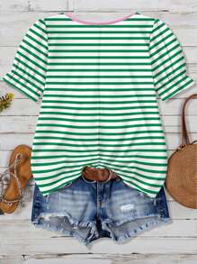 EMERY ROSE Chemise d'été décontractée grande taille avec motif rayé contrasté, style polyvalent pour les vacances, convient pour la saison chaude