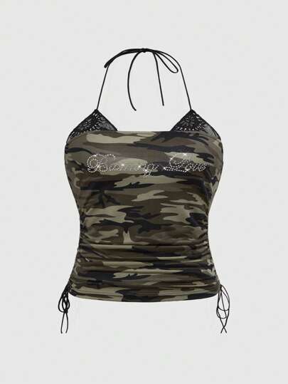 Grunge Punk Top sin mangas de chaleco con estampado de camuflaje, adornos de encaje y lentejuelas para mujer talla grande