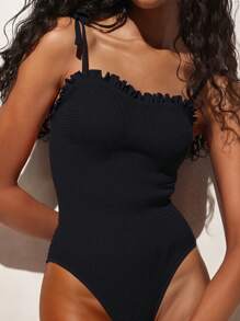 Swim Chiccia 1 件女士优雅荷叶边吊带褶皱连体泳衣 - 黑色 - 查看 1