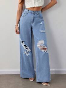 SHEIN Tall Jeans azules de pierna ancha y suelta con rasgados para mujer