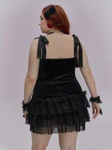 ROMWE Váy xếp nếp thêu ren nhung Gothic cổ điển cỡ lớn cho nữ - màu đen - Xem 6