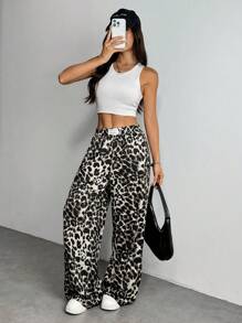 SHEIN PETITE Women's Leopard Print Woven Waistband Patchwork Wide Leg Street Trousers Pants - Multicolor - View 5