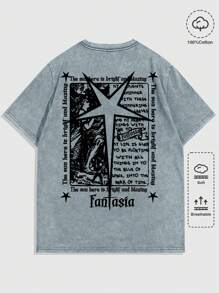 ROMWE MEN Grunge Punk Áo thun nam ngắn tay in khẩu hiệu thường ngày, mùa hè - Màu xanh nhạt - Xem 1