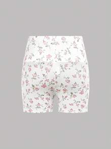 SHEIN Girlism Tween Girl Casual Home Lace Trim Ribbon Bow Ditsy Floral Camisole And Fitted Short Set - Pink - View 9